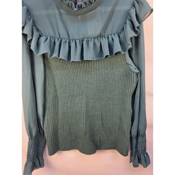 Kirundo Women's extra Large Sweater NWT Green Sheer High Collar Ruffle Preppy - Picture 3 of 16